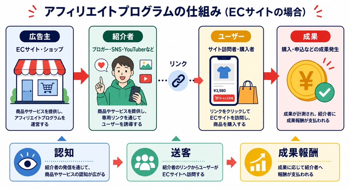 Yahoo!ショッピングのアフィリエイトの仕組みを示した図