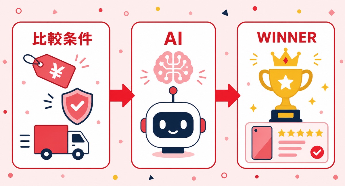 AIおまかせ比較の仕組みを示す図解（条件選択からWINNER提案までの流れ）