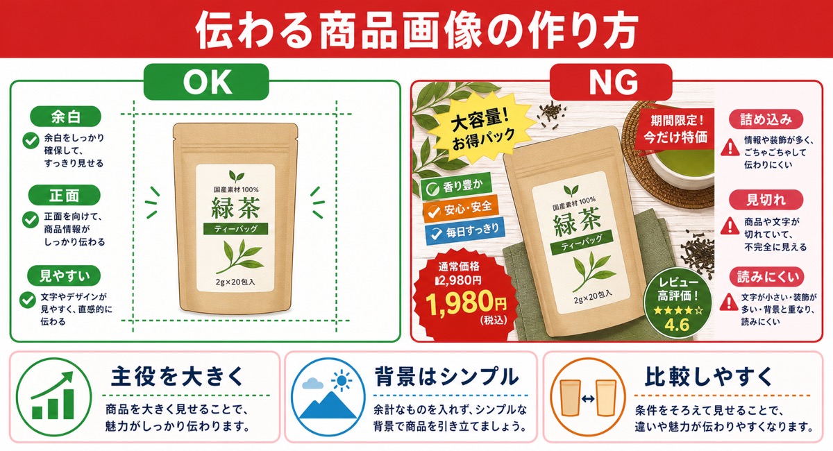 Yahoo!ショッピングの商品画像1枚目のOK例とNG例を比較した図