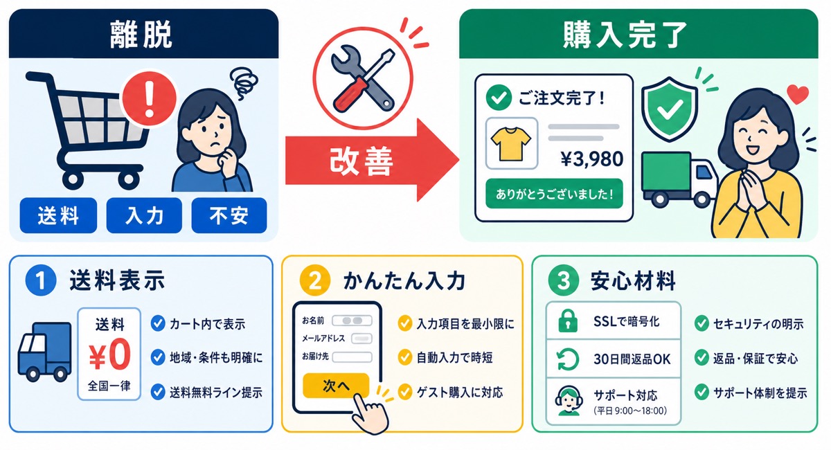 Yahoo!ショッピングのカゴ落ちが起こる主な理由を示した図