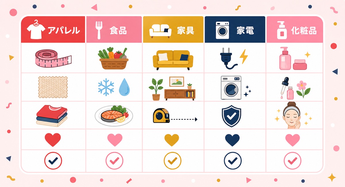 Yahoo!ショッピングのカテゴリー別に必要な安心コンテンツをまとめた表