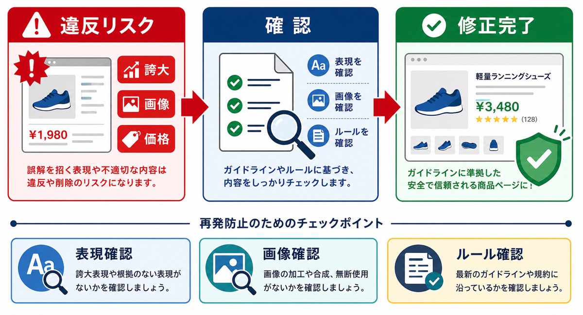 Yahoo!ショッピングのガイドライン違反から是正までの流れを示した図