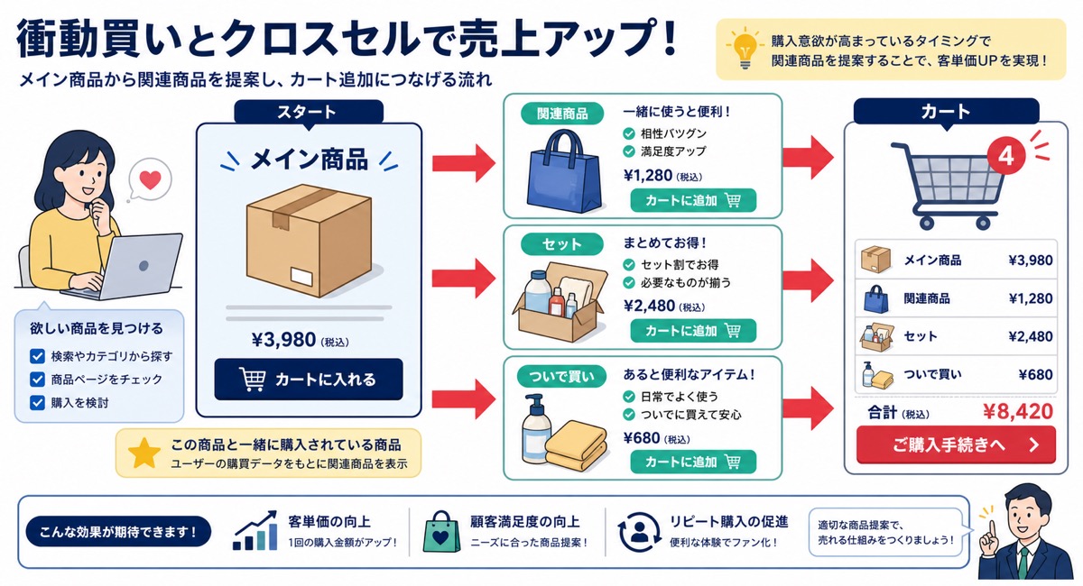Yahoo!ショッピングでついで買いを促す関連商品の見せ方を示した図