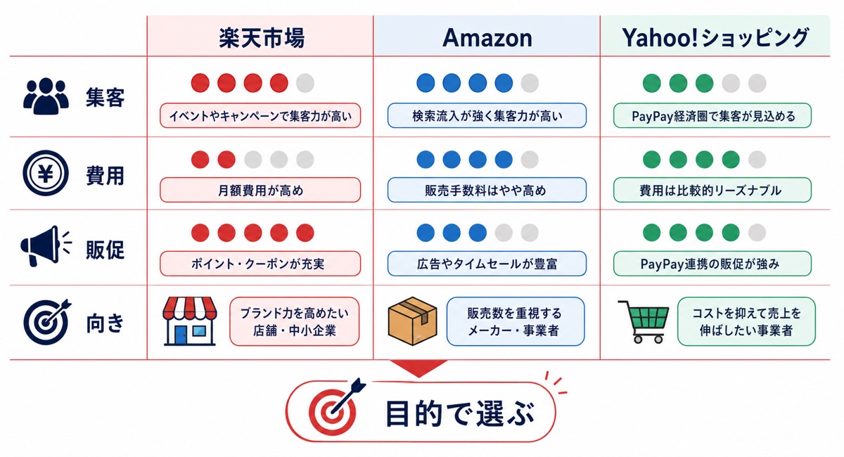 モール型ECサイトごとの特徴と向いている商材をまとめた表