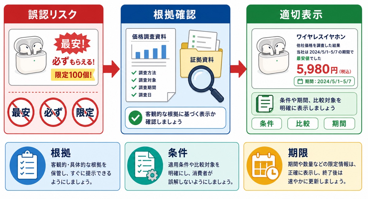 Yahoo!ショッピングにおける景品表示法違反の代表的なパターンを示した図