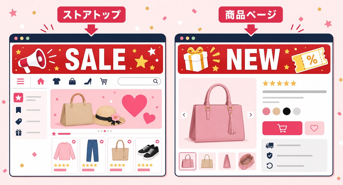Yahoo!ショッピングの告知バナーの設置位置とメッセージ例を示した図