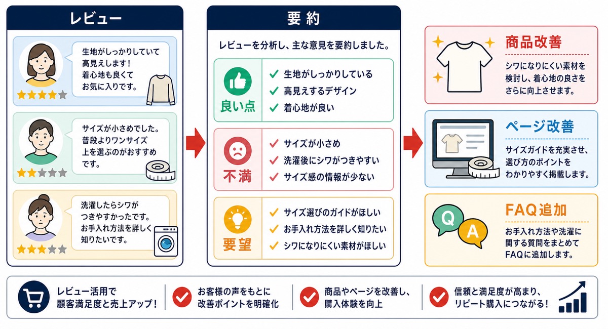 レビュー内容がAIによる要約に与える影響を示した図