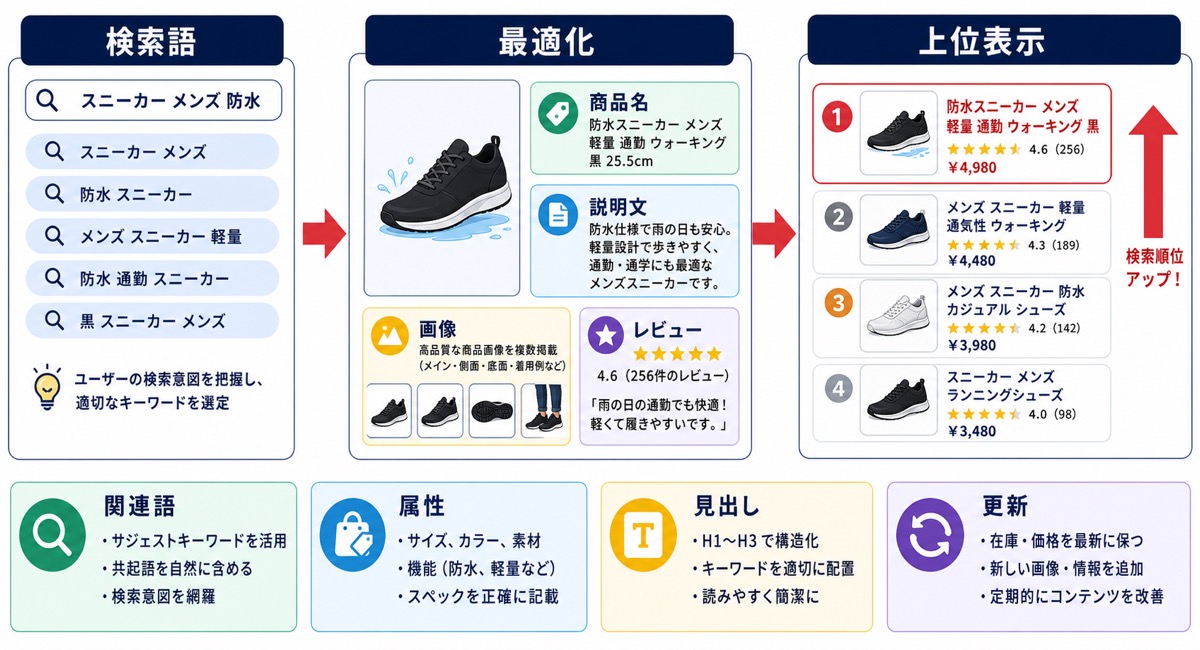 Yahoo!ショッピングの検索対策における商品名の整え方を示した図
