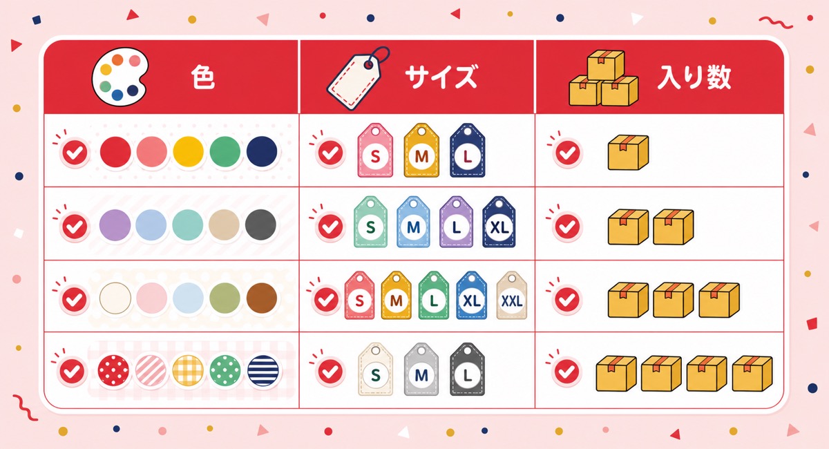 Yahoo!ショッピングの商品バリエーション表記例をまとめた表